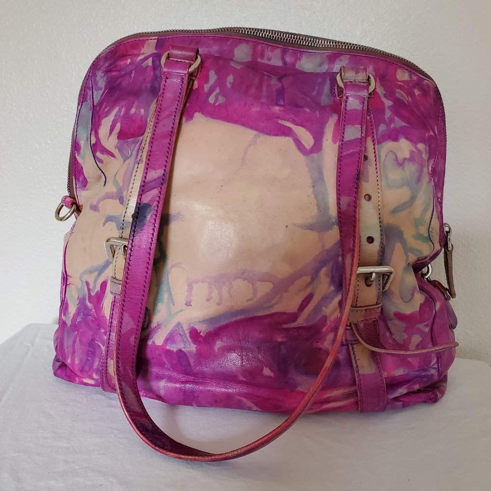 XL Prada Leather Purse tote hobo bag tie dyed painted pink beige purple tan blue - Picture 9 of 15